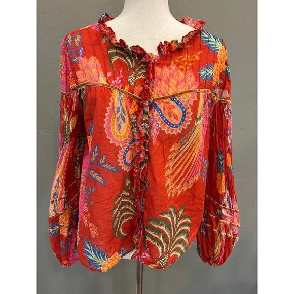 FARM Rio Mystic Bush Ruffled Blouse Floral Bird Print Button Front Ruffled Red M - Picture 5 of 16